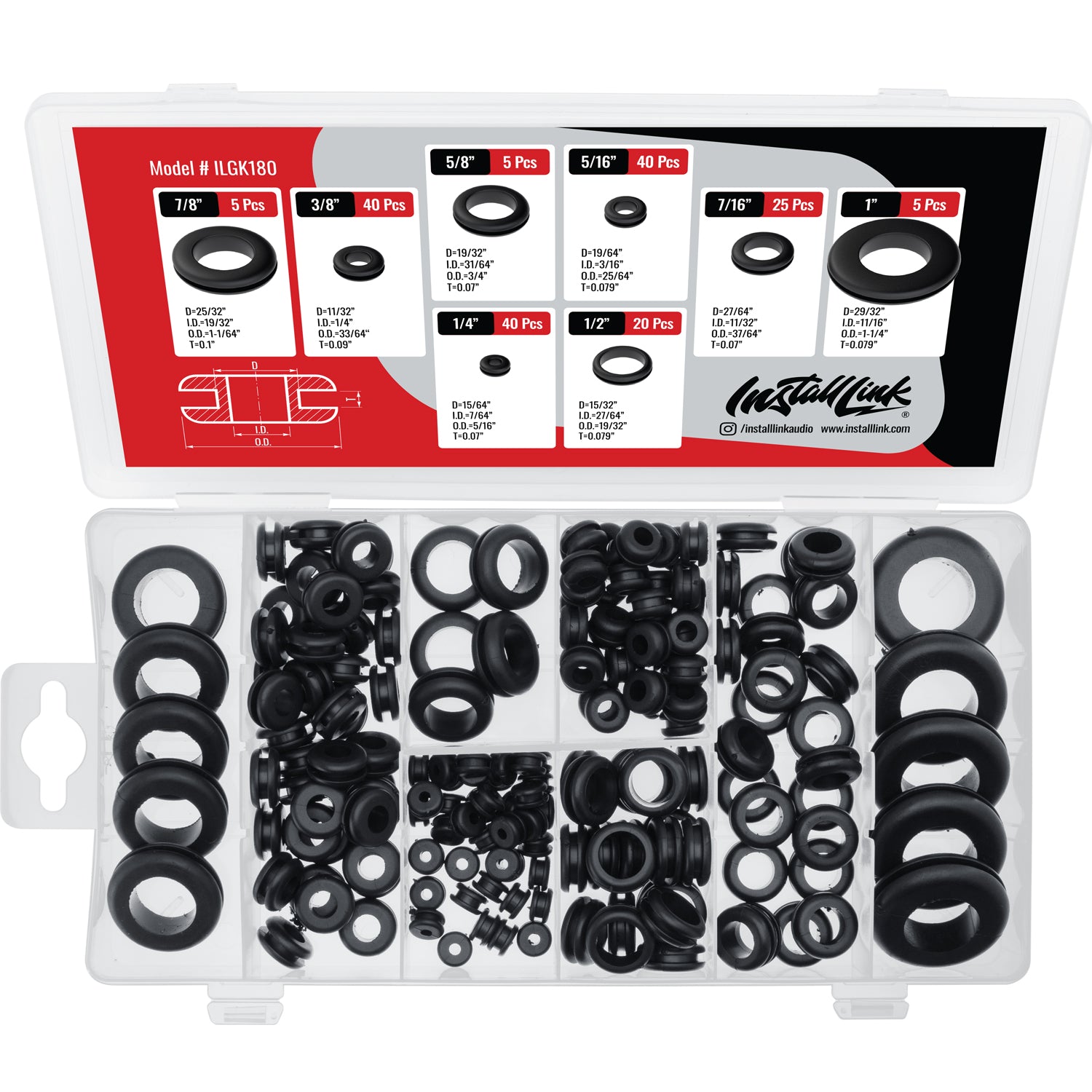 Rubber Grommet Assortment Kit, 180 Pieces, 8 Types, 1/4-1" image 1