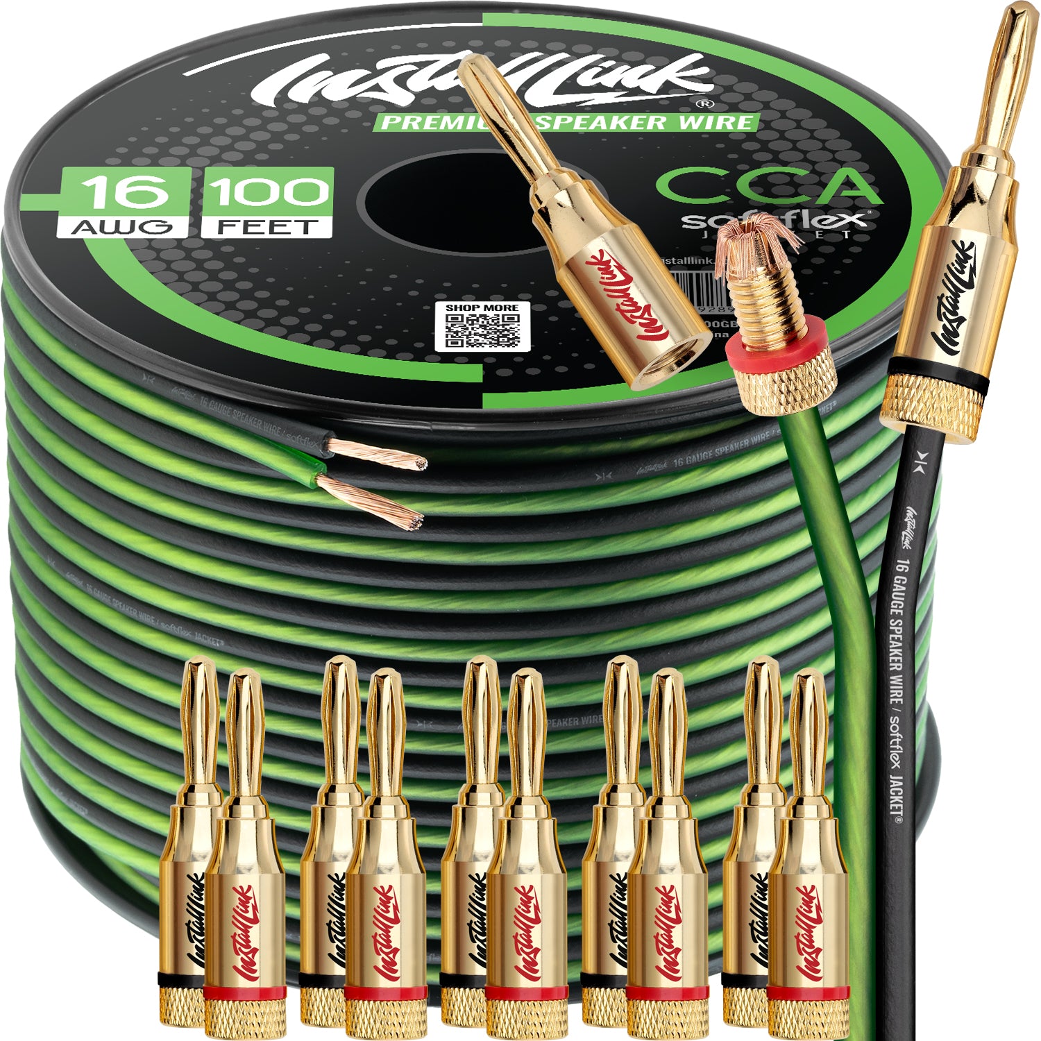 Speaker Wire 14 Gauge, CCA, 100ft, Green/Black with 12 Banana Plugs image 0