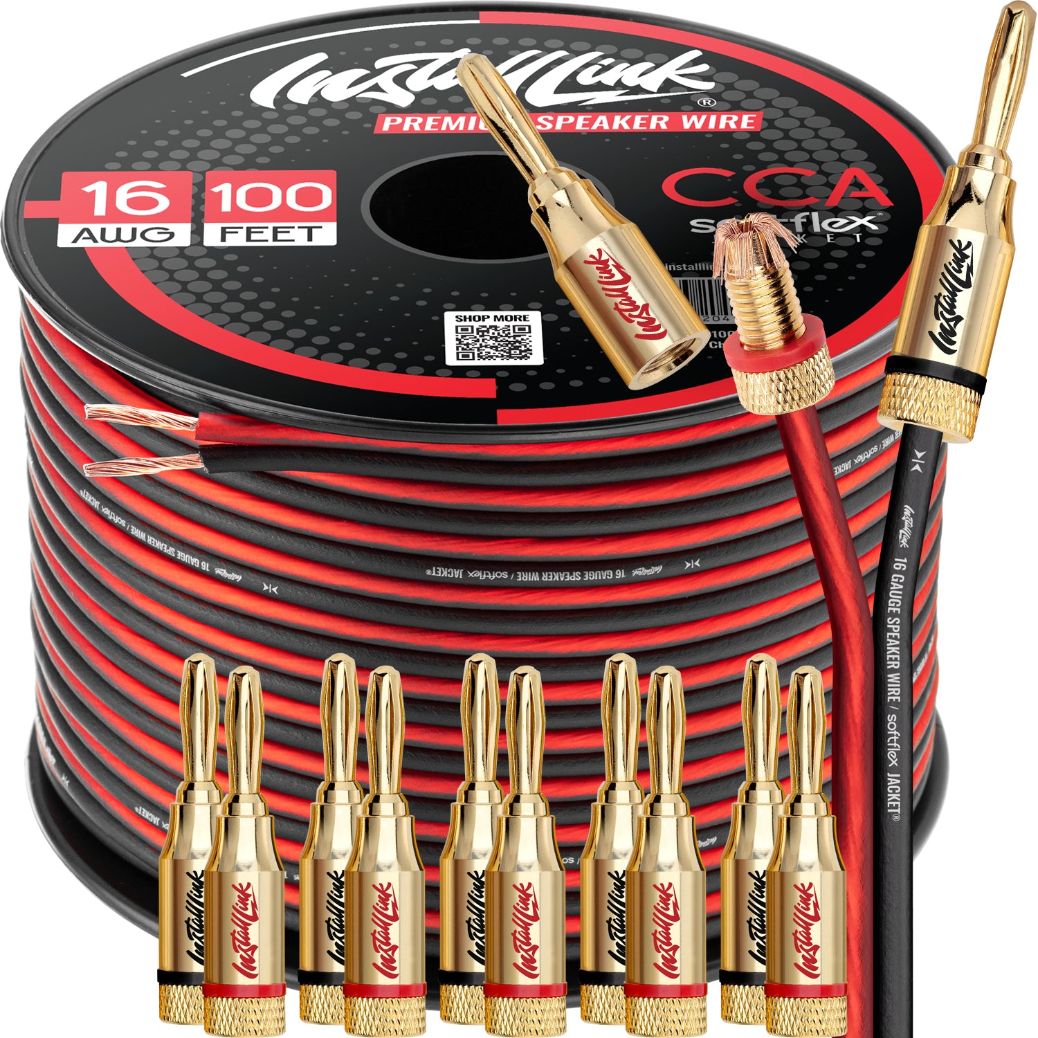 Speaker Wire 16 Gauge, CCA, 100ft, Red/Black with 12 Banana Plugs image 0