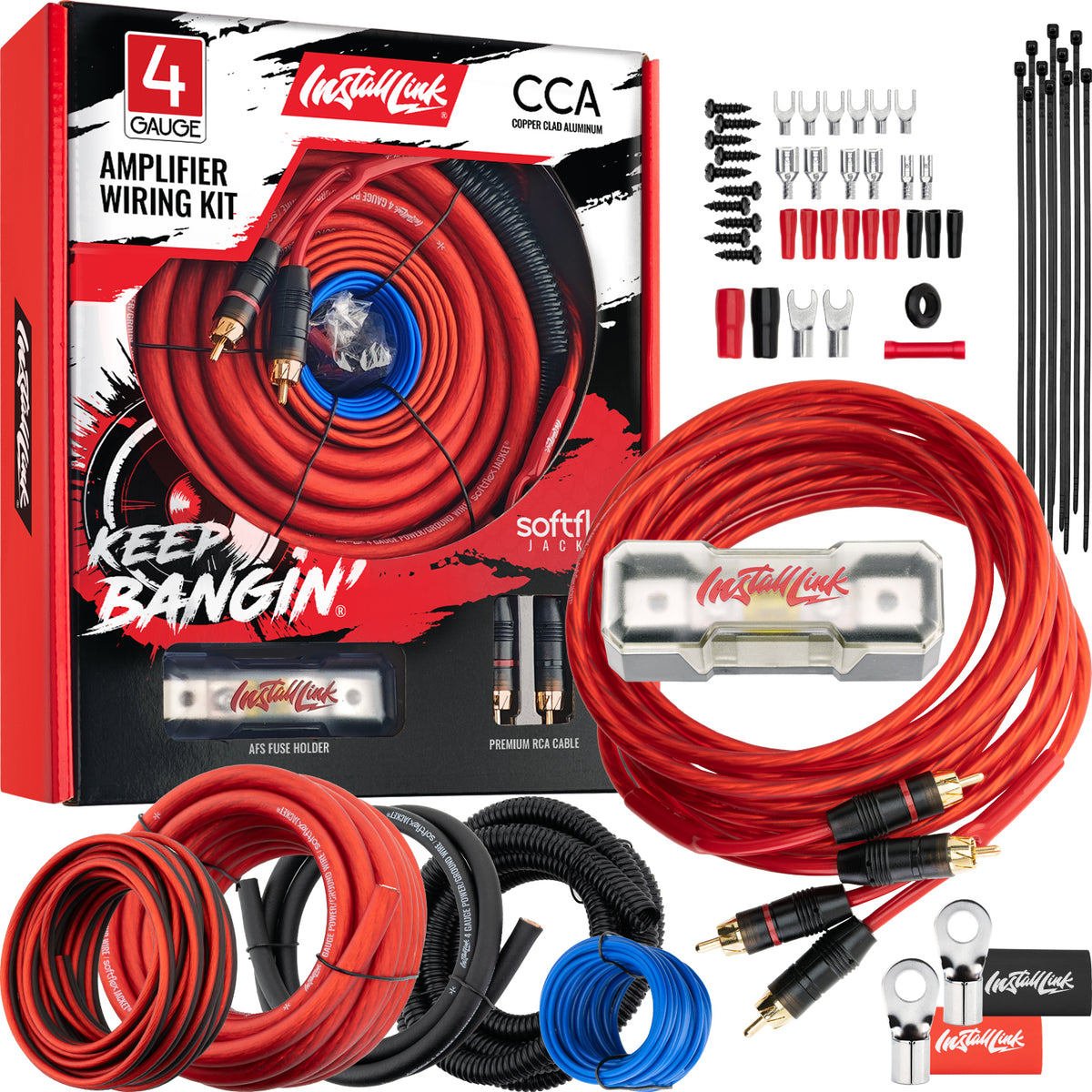 Install Link 4 gauge CCA amplifier wiring kit with box, power wire, RCA cable and fuse holder