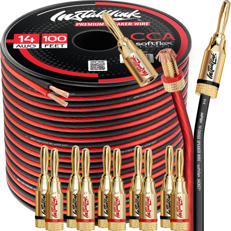 Speaker Wire 14 Gauge, CCA, 100ft, Red/Black with 12 Banana Plugs